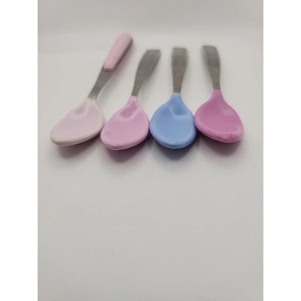 4 VTG Munchkin Baby Spoon Rubber 1996 90s Stainless Steel Pink Blue‎ Tip Infant